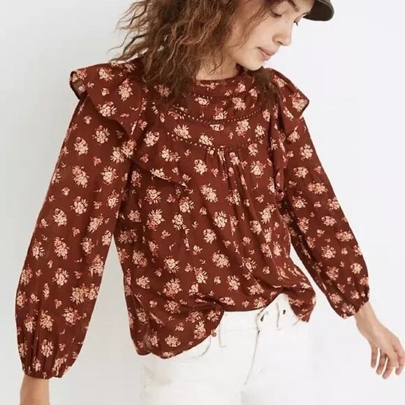 Madewell Tops - NWT Madewell Blouse Womens Medium Floral Ruffle Puff Sleeves Rust Prairie Boho